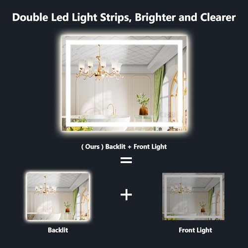 Image of 40x30 Inch LED Bathroom Mirror with Lights Front and Backlit Lighted Vanity Mirror for Bathroom Wall with 3 Colors Dimmable Anti-Fog Memory Shatter-Proof IP54 Waterproof Horizontal /Vertical