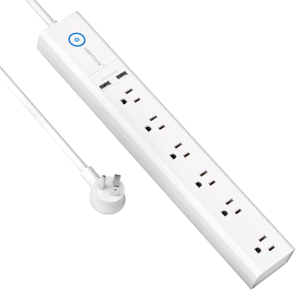 Power Strip with USB, VASTFAFA Flat Plug Power Strips 6 Outlets and 2 USB 4.5Ft Extension Cord, Multiple Protection Wall Mount for Home/Office, UL Listed(White)