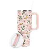 FYSUIMU Cowgirl Tumbler with Straw and Lid 40oz Pink Cowgirl Boots Hat Cactus Flower Stainless Steel Cup with Handle Western Theme Travel Coffee Tumbler Cup for Home Office