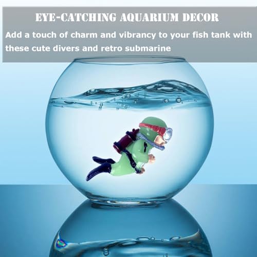 Image of 4 Pcs Fun and Vibrant Fish Tank Decorations - Cute Floating Diver and Retro Submarine Set - Perfect Aquarium Accessories for Betta Fish and Floating Aquarium Decor (Style-01)