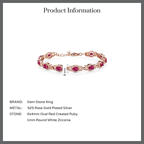 Gem Stone King 18K Rose Gold Plated Silver Red Created Ruby Tennis Bracelet For Women (14.60 Cttw, Oval 6X4Mm, 7 Inch, With 1 Inch Extender) #TOP19