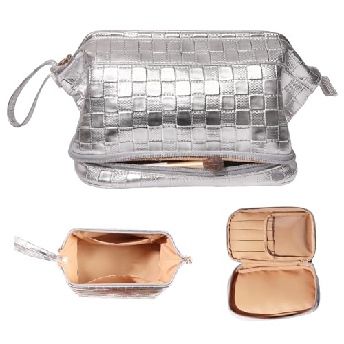 Abiudeng-Makeup-BagMake-up-BagToiletry-BagSmall-Make-up-BagTravel-Toiletry-Bag-Toiletries-BagCosmetic-Bag-with-CompatmentsLarge-CapacityPortablePU-LeatherToiletry-Bags-for-Women-C-Silver