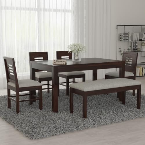 Image of Sheesham Wood 4 Chair with 1 Bench Dining Table Set with Cushioned Chairs for Dining Room | Living Room | Home & Office | Hotels Restaurant (6 Seater with Bench, Walnut)
