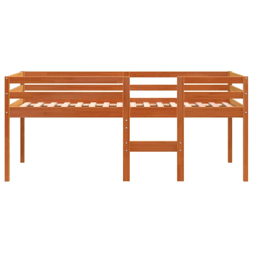 Cama alta marrón cera 80 x 200 cm madera maciza de pino, estructura de cama robusta para niños y jóvenes, mueble para dormitorio, diseño seguro con escalera