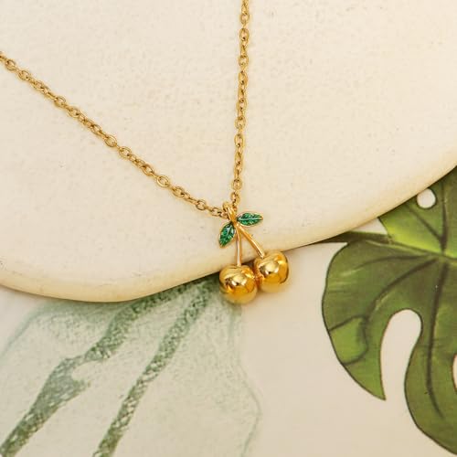 Elegant 18K Gold Cherry Pendant Necklace with Green Enamel Leaves Fashion Statement Accessories