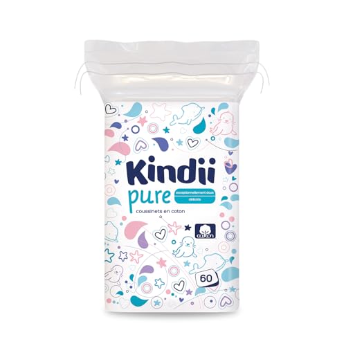 Kindii Tampons Carrés pour Bébé - (1x60 Pièces) Tampons de Coton - 100% coton, grands carrés pour peau sensible, doux, bords souples, sans effilochage -...