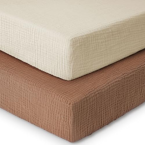 Image of Yoofoss Muslin Crib Sheets for Boys Girls 100% Cotton Fitted Baby Crib Sheet 2 Pack Soft and Breathable for Standard Crib Mattress & Toddler Mattress 52"x28" Apricot&Brown