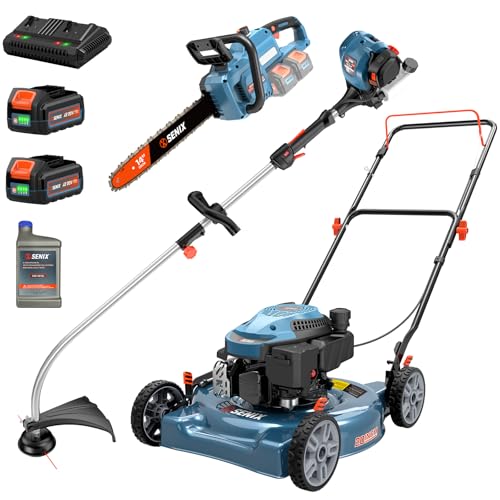 SENIX 20 Inch 144cc Gas Lawn Mower, 26.5 cc Full Crank Gas String Trimmer and 40V 14" Electric Chainsaw Kit