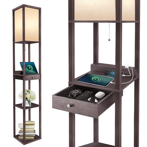 OUTON Shelf Floor Lamp with Drawer, 2 USB-C Ports, LED Column Modern Floor Lamp with USB & Type C Port, 3 Color Temperature, Storage Display Wood Standing Lamp for Living Room, Bedroom, Office(Brown)