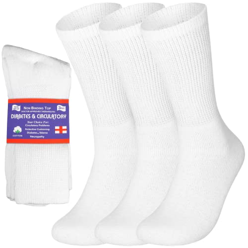 Special Essentials 3 Pairs Cotton Diabetic Crew Socks - Non-Binding Wide Top Comfort & Support For Men & Women White 10-13 #TOP17