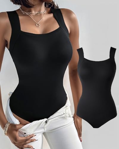 Womens Built in Bra Seamless Tank Top Square Neck Sleeveless Bodysuit Slim Fit Basic Shapewear Undershirt