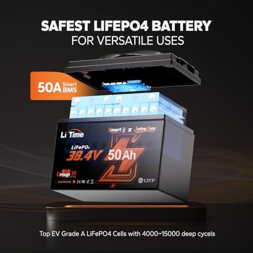 LiTime 36V 50Ah Trolling Motor Bluetooth Low-Temp Protection LiFePO4 Battery Buit in 50A BMS, Deep Cycle Group31 Lithium Iron Phosphate Battery Perfect for Trolling Motors, Marine, Boat, Home Energy