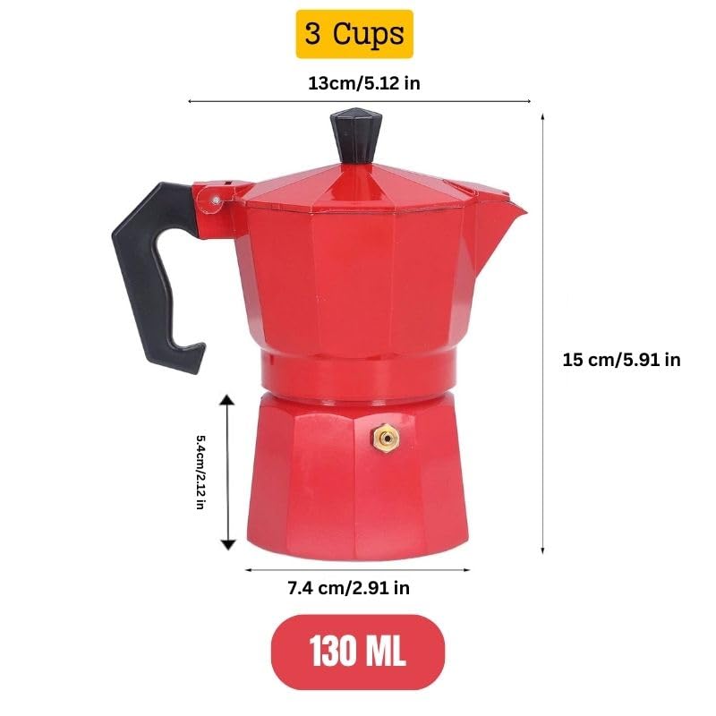 HOMETIC Aluminium Espresso Coffee Maker, Moka Express 3 Cups Espresso Maker/Percolator/Stovetop/Filter Coffee Maker for Italian Mocha Coffee Moka Pot (130 ML, Red)