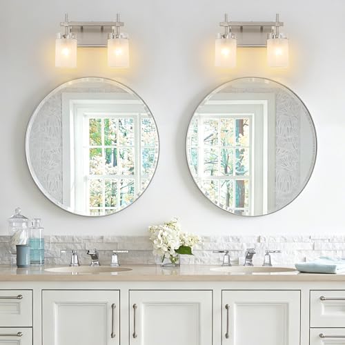 Image of 2-Light Brushed Nickel Vanity Light with White Linen Frosted Glass E26 Socket,Bathroom Light Fixture,Modern Wall Light Over Mirror(Bulbs Not Included)