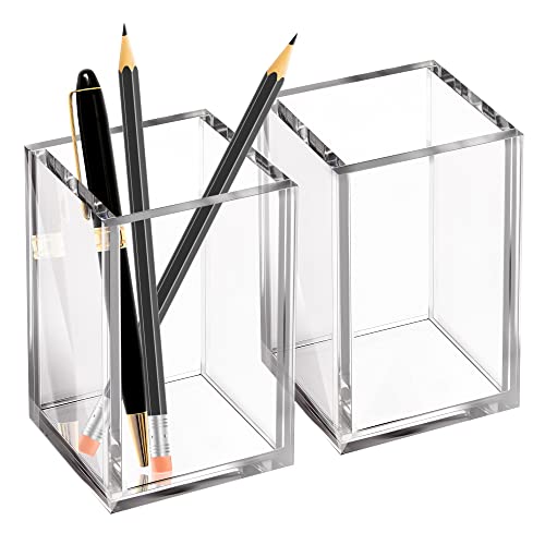 Elavain Clear Acrylic Pen Holder For Desk, Elegant Makeup Cup & Makeup Brush Holders For Countertop, Acrylic Pencil Holder For Desk, Desktop Organizer For Office, Home & School Supplies | Pack Of 2 #TOP1