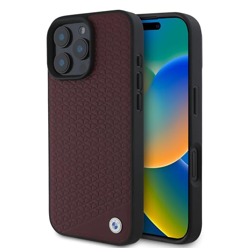 CG Mobile BMW HC Sign Coque de téléphone conçue pour iPhone 16 Pro Max, Durable, résistante aux Chocs, Compatible avec MagSafe, étui en Cuir avec Logo en Diamant et métal, Rouge