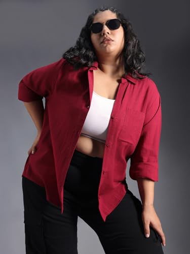 Image of High Star Women Classic Spread Collar Curved Cotton Oversized Casual Shirt