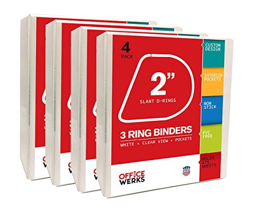 3 Ring Binder, 2 Inch Angle D Ring, White Presentation View Binders, 475 Sheet Capacity, Customizable Cover & Spine, 2 Inside Pockets, Pack of 4
