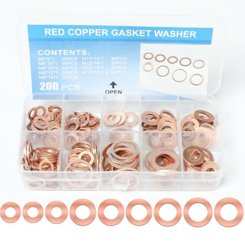 200pcs Copper Metric Crush Washer Assortment - 9 Sizes (M5 to M14) Flat Sealing Gaskets for Oil Drain Plugs, Automotive & Plumbing Applications, Industrial & Household Use