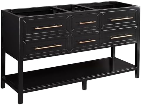Signature Hardware 951747-RUMB Robertson 60" Double Vanity Set with Mahogany Cabinet, Quartz Vanity Top, and Rectangular Sinks - 1-1/2" Faucet Holes - Black/Carbon Black