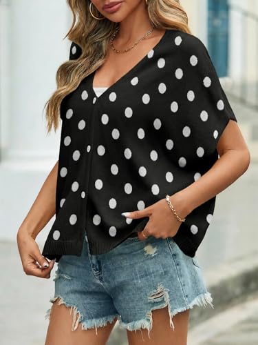 Image of Saodimallsu Womens Summer Oversized Cardigans Batwing Short Sleeve Lightweight Button V Neck Casual Knit Sweater Tops
