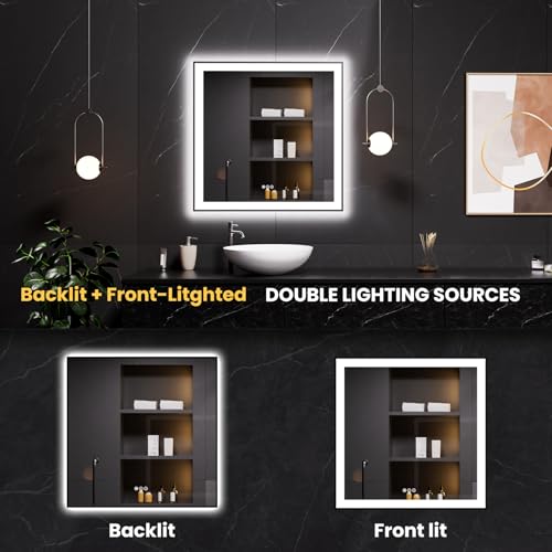 LOAAO 38"X38" LED Bathroom Mirror Black Framed, Anti-Fog, Dimmable, Lighted Bathroom Vanity Mirror for Wall, Memory Function, Tempered Glass