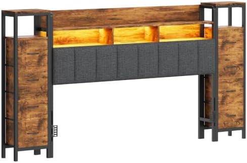 King Size Headboard with Bedside 8 Fabric Drawers, Upholstered Headboard with Charging Station & Adjustable RGB LED Lights, 2-Tier Storage Shelves Head Board with Storage, Brown