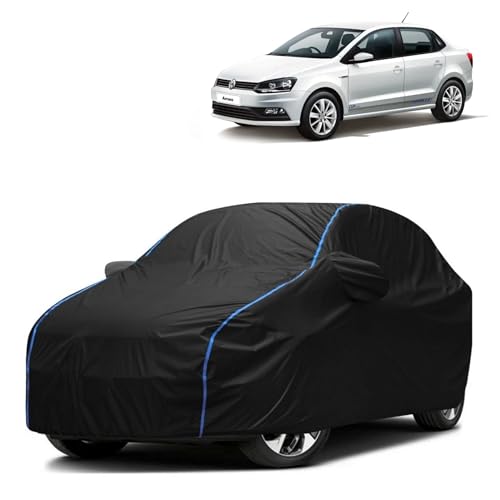 Image of Kerwa Car Body Cover Waterproof Compatible with Volkswagen Ameo | Scratch Proof, Anti-Dust, UV Protection with Windproof Buckle Strap and Mirror Pockets, Bottom Elastic Fitted-Black