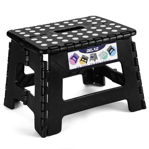 Image of Delxo 9 Inch Folding Step Stool, Black Step Stools for Kids Foldable,Portable Collapsible Step Stool with Handle, Folding Stool for Kitchen Bathroom,Bedroom,Garden