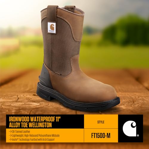 Image of Carhartt Men's Ironwood WP 11 inch Soft Toe Wellington | Waterproof Work Boots, 11-Inch Wellingtons, Oil-Tanned Leather with EH & Slip-Resistant Outsoles, Fastdry Lining