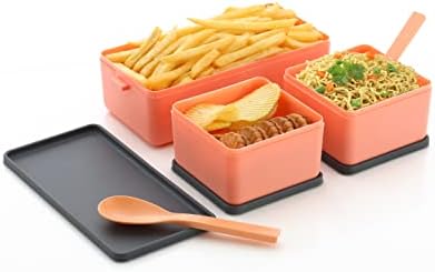 TEX-RO 3 Compartment Lunch Box for Office Men and Lunch Box for Kids, Microwave Safe Lunch Boxes (Pack of 1, Orange&Grey, Plastic), 1400 Milliliter