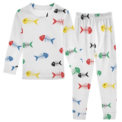 Pajama Sets Long Sleeve Colorful Fish Skeletons on White Soft Comfy Sleepwear 2 Piece PJS 3-8T