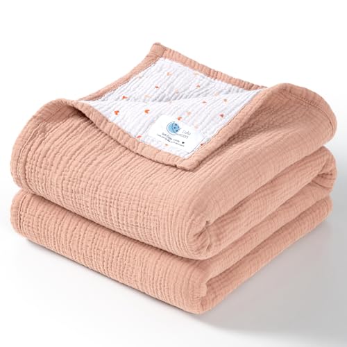 Image of lulumoon Muslin Baby Blanket for Girls - Cotton Quilt Blankets for Toddlers - Reversible Nursery Crib Blanket for Baby Gift 47"x47"(Peach Pink)