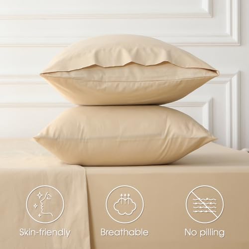 HYPREST Deep Pocket Queen Sheets Beige-100% Cotton Sheet Sets Fits 18"-24" in Deep Mattress, Hotel Luxury Soft Wrinkle Free Cooling Sheet Sets for Queen Bed Deep Pocket