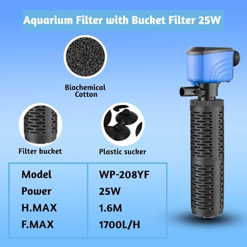 Image of Fish Tank Filter - Silent Internal Aquarium Filter for Clean Water, Air Pump, and Waves - Biochemical Filtration for Healthy Fish and Turtles (25W-1700L /H, Black)