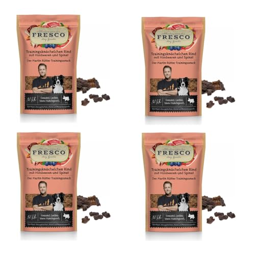 Fresco Martin Rütter Trainingsknöchelchen Rind mit Himbeeren und Spinat | 4er Pack | 4 x 150 g | Natürlicher Monoproteinsnack für Hunde | Getreidefreie Rezeptur