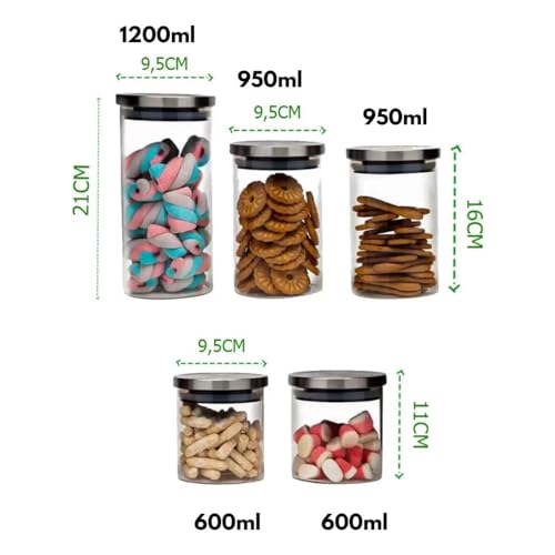 Kit 5 Potes de Mantimentos Herméticos Pote Redondo de Vidro Borossilicato Tampa de Aço Inox Premium