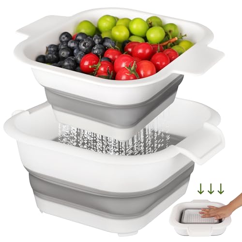 Image of Collapsible Colander Set with Strainer Bowl, 2 in 1 Fruit Washing Basket with Strainer, 5 + 3 QT Plastic Colander for Kitchen, Foldable Double Layered Colanders Bowl for Berry, Vegetable, Grey & White
