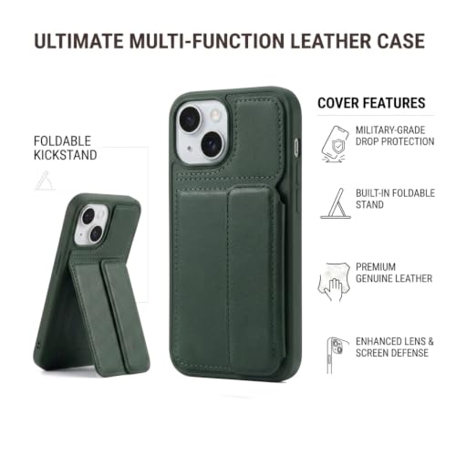 Image of amazon basics Luxury Vegan Leather Back Cover for iPhone 13 | Built-in Card Holder Slot | Integrated Mobile Stand | Slim Shockproof Protective Case with Stitched Finish - Green
