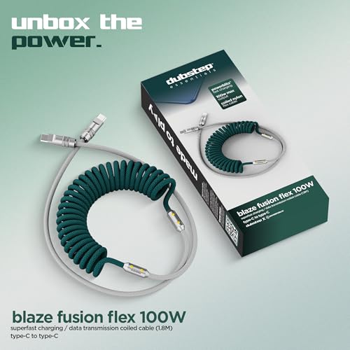 Image of Dubstep Fusion Flex 100W 1.8m Coiled Type-C Cable | PowerBlitz Technology | 480 Mbps | 70K Bend Life | Tangle-Free Nylon Braided Fast Charging for Laptop, Tablet & Mobile (Green & Grey)