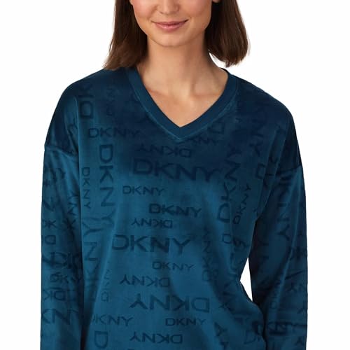 DKNY Women’s Lounge Set – Soft Long Sleeve Top & Jogger Bottoms, Cosy Lightweight Loungewear with Logo Design, Subtle V-Neck, Elastic Waistband (Blue, XL) - Image 3