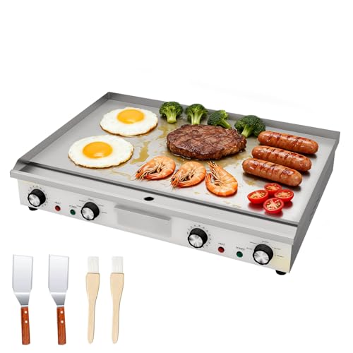 MOOTACO Plancha Eléctrica Comercial, Plancha Eléctrica de acero inoxidable Profesional, superficie de grill lisa de 66cm, Control de Temperatura 50 a 300 °C, con 2 Palas y 2 Cepillos