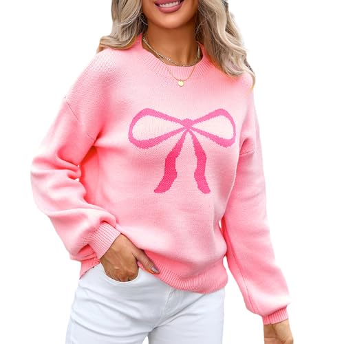 Image of Women Cute Bow Knit Sweater Y2k Long Sleeve Crew Neck Knitted Pullover Top Oversized Going Out Fall Winter Knitwear