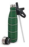 NERTHUS Botella Escocesa Pajita + tapón Rosca/Green Kilt Bottle + 2 lids, Acero Inoxidable, Verde Escoces, 500 ml
