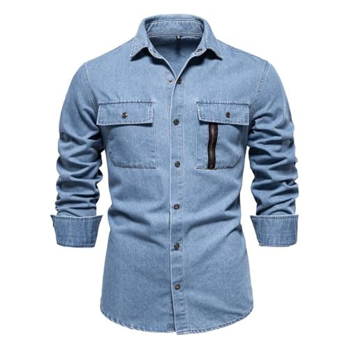 Modeewel Camisa vaquera para hombre otoño novedad moda tamaño europeo ocio algodón manga larga camisa lavada hombres casual chaqueta vaquera con bolsillos para ropa de calle trabajo diario vintage