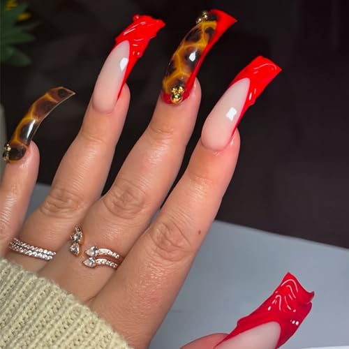OCTOSWAVE Long Press on Nails Curved Fake Nails 3D Red Artificial Nail Leopard pattern Stick on Nail for Women 20pcs