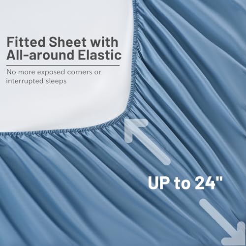 MEISHANG Extra Deep Pocket King Sheets Cotton - 1000 Thread Count Sheets - Fits 18"-24" in Deep Mattress,100% Egyptian Cotton,Sateen Weave, Soft & Breathable - 4 Piece (King, Smoky Blue)