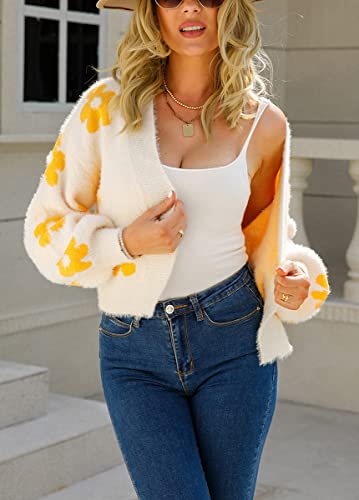 chouyatou Women's Fuzzy Daisy Printed Cropped Cardigan Open Front Jacquard Knit Sweater Tops3