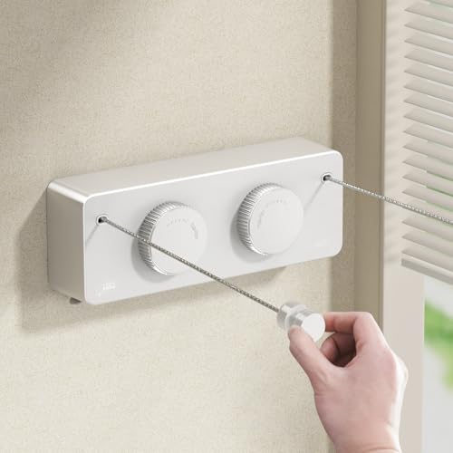 Image of MUSTORN Retractable Twin Clothesline Indoor, Non-Sagging Outdoor Clothes Line Retracting Heavy Duty Clothes Drying Laundry Line Wall Mounted Stainless Steel Line-13.8Feets(Double Line-White)