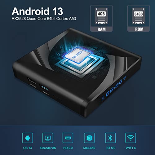 Android 13.0 TV Box 4GB RAM 64GB ROM X88 Pro Smart Media Player RK3528 Quad-Core 64-bit Cortex-A53 chipset Built-in 2.4G 5G WiFi and Bluetooth 5.0 Support 3D 8K H.265 Video